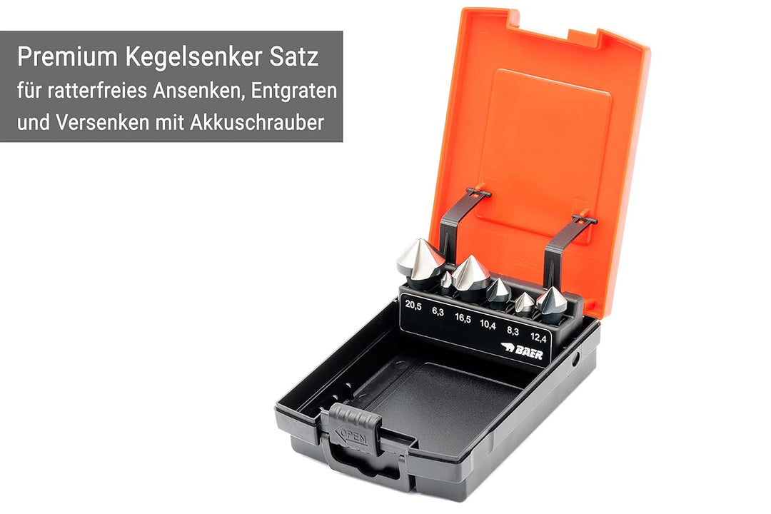 BAER HSSG 90° Bit-Kegelsenker-Satz 6,3-20,5 mm - für Akkuschrauber - Senkbohrer-Set 1/4'' Bit Kegels