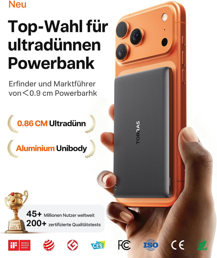 TORRAS Ultra Slim Power Bank für Magsafe Schnell Aufladende 5000mAh 8mm Kleine Powerbank für iPhone