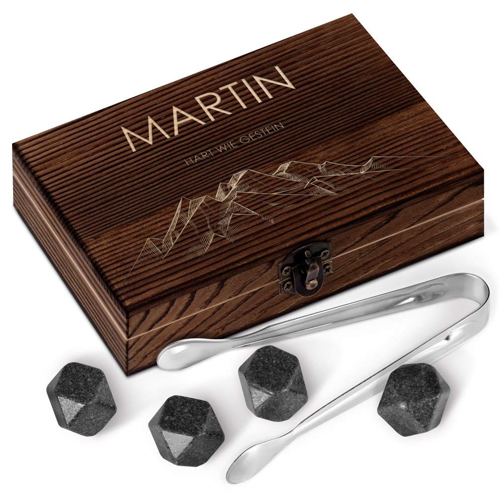 Maverton Whisky Steine Set - in Holzbox mit Gravur - 6 Eiswürfel + Zange + Velourbeutel - wiederverw