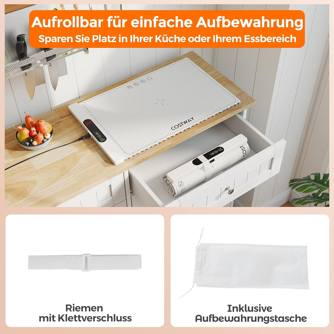 COSTWAY Elektrische Wärmematte Silikon für Lebensmittel, Rollbare Warmhalteplatte, Speisewärmer mit