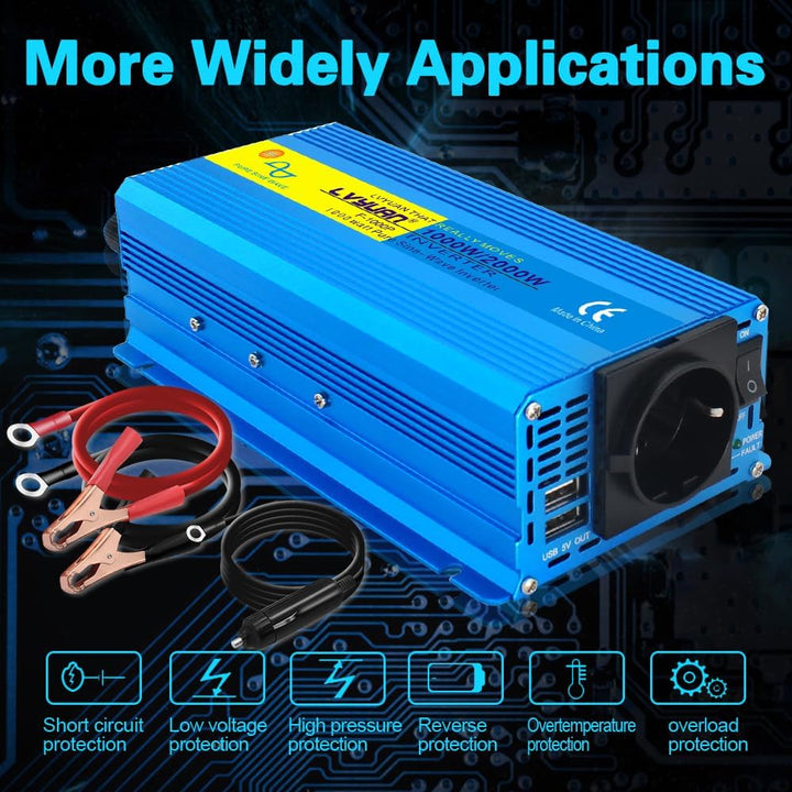 Yinleader Wechselrichter 24V 230V 1000W /2000W Reiner Sinus Spannungswandler mit 1 Steckdose 2 USB A