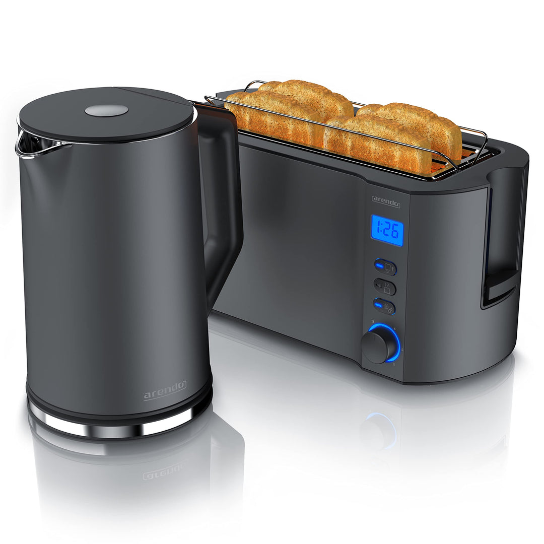 Arendo - Wasserkocher und Toaster SET Edelstahl Cool Grey, Wasserkocher 1,5L 40° - 100°C Warmhaltefu