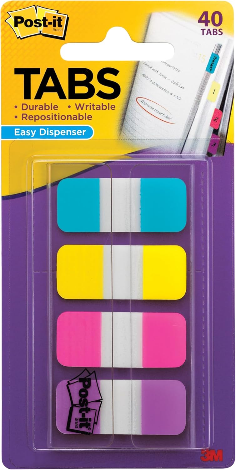 Post-it Tabs, 1,6 cm Solid, Aqua, Gelb, Pink, Violett, langlebig, beschreibbar, repositionierbar, ha