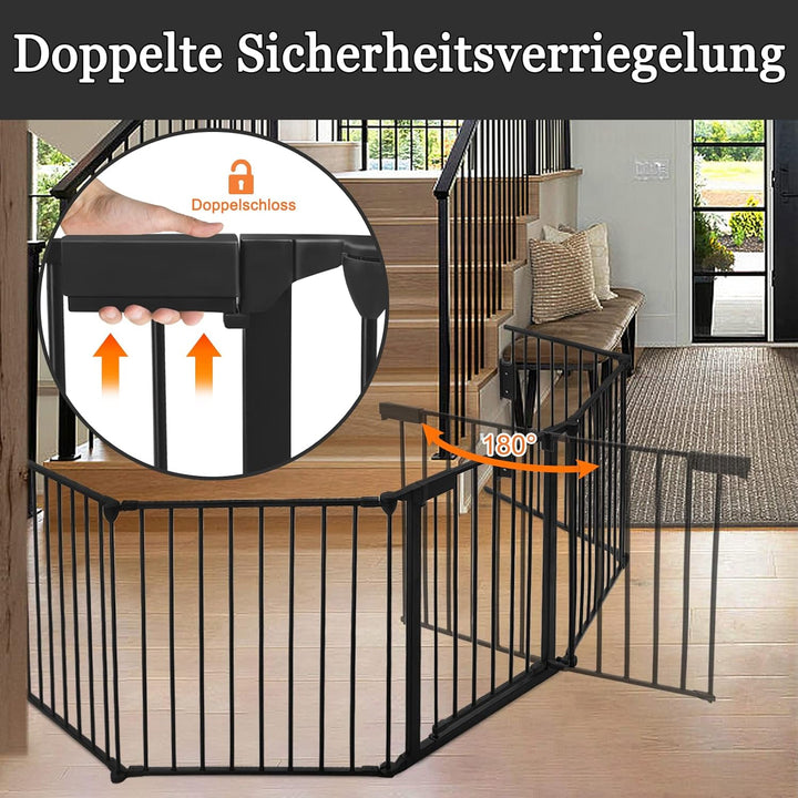 KinderKaminLaufstall 300cm Kaminschutzgitter mit Tür Metall Kamingitter Faltbar Schutz Absperrgitter