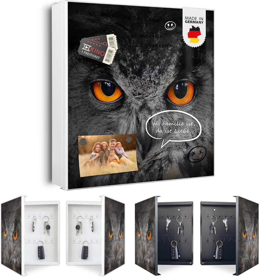 banjado® Grosser Schlüsselkasten Glas/Schlüsselbox 30cm x 30cm mit 50 Haken - Motiv Uhu/Schlüsselkas