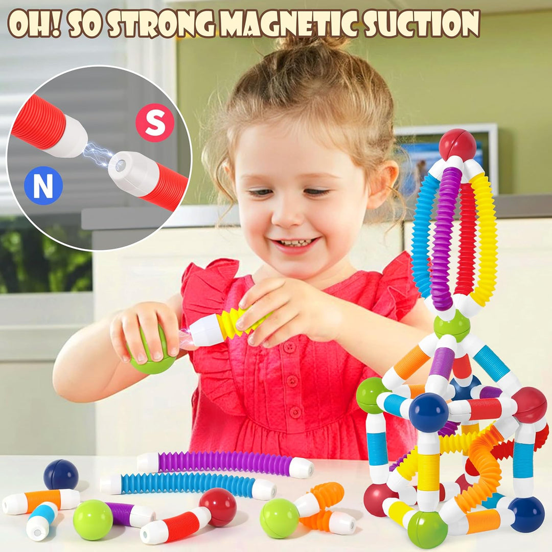 Magnetische Bausteine Einziehbarer 64 Stück Magnetbausteine Kinder, 3D Kreative Montessori Magnet Ba