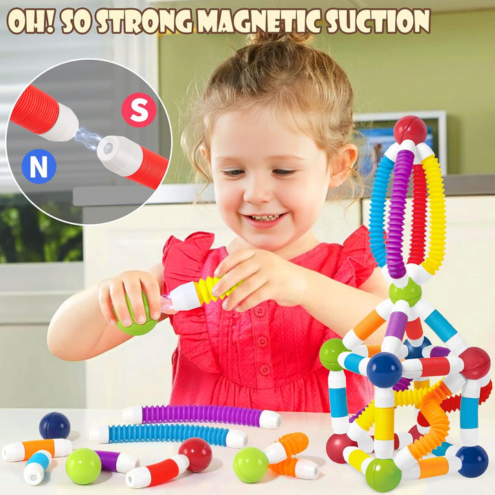 Magnetische Bausteine Einziehbarer 64 Stück Magnetbausteine Kinder, 3D Kreative Montessori Magnet Ba