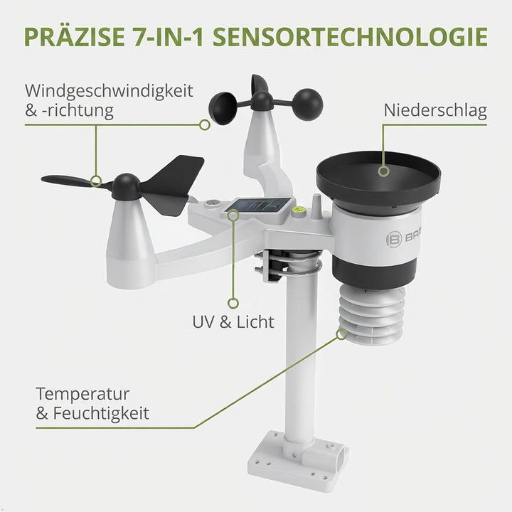 Bresser Wetterstation 1,5km Reichweite, WLAN, 7-in-1 Aussensensor, Solar, UV, Wind, Regen, WLAN Uplo