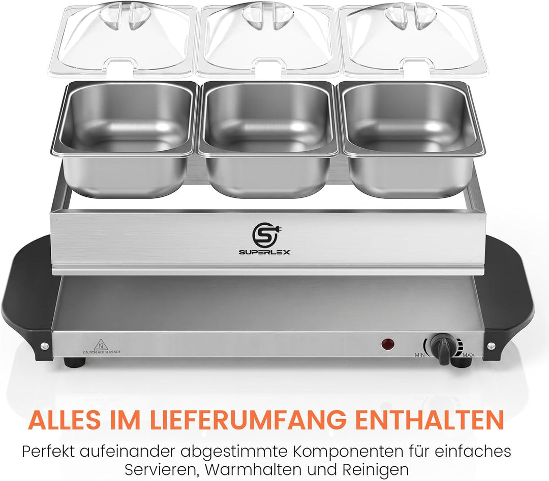 2in1 Warmhalteplatte und Buffetwärmer aus Edelstahl 200W mit 3x1,5L Speisebehältern Gleichmässige Wä