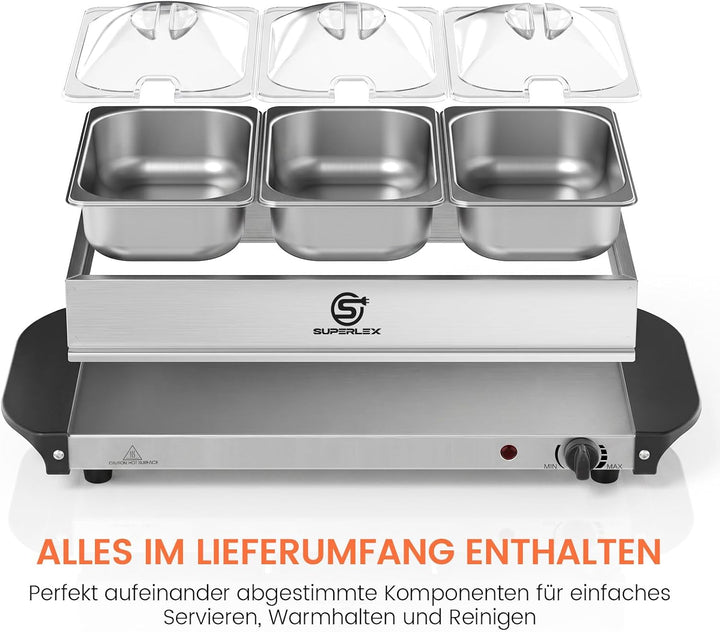 2in1 Warmhalteplatte und Buffetwärmer aus Edelstahl 200W mit 3x1,5L Speisebehältern Gleichmässige Wä