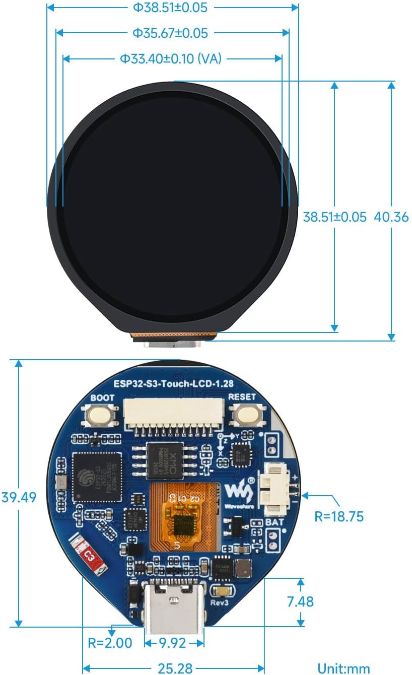 Waveshare ESP32-S3 Development Board, with 1.28inch Round Touch LCD, Compact Size, Accelerometer and
