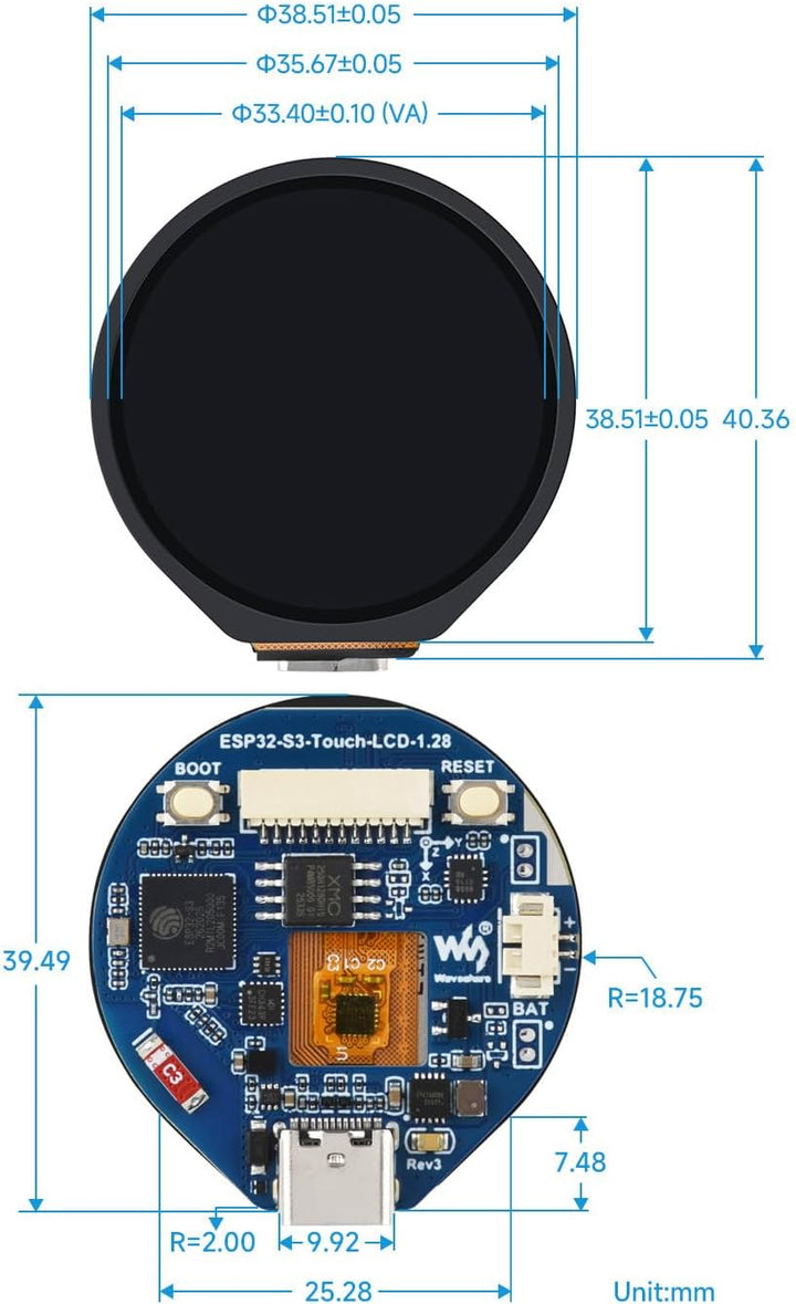 Waveshare ESP32-S3 Development Board, with 1.28inch Round Touch LCD, Compact Size, Accelerometer and