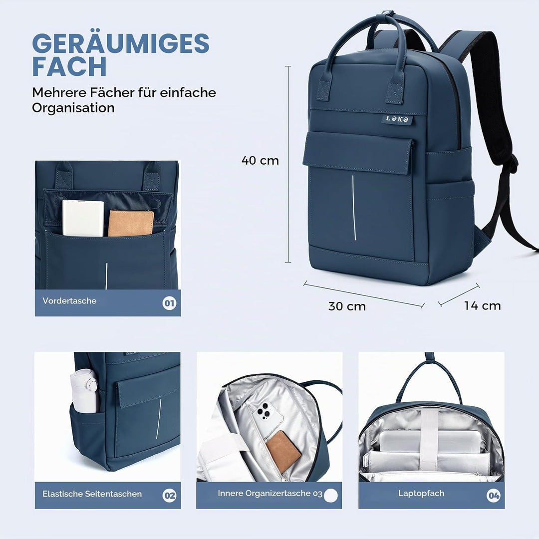 Rucksack Wasserdicht Damen Herren, 15,6 Zoll Leder Laptop Schulrucksack mit Laptopfach, Gross Reiser
