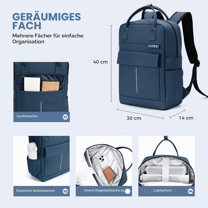 Rucksack Wasserdicht Damen Herren, 15,6 Zoll Leder Laptop Schulrucksack mit Laptopfach, Gross Reiser