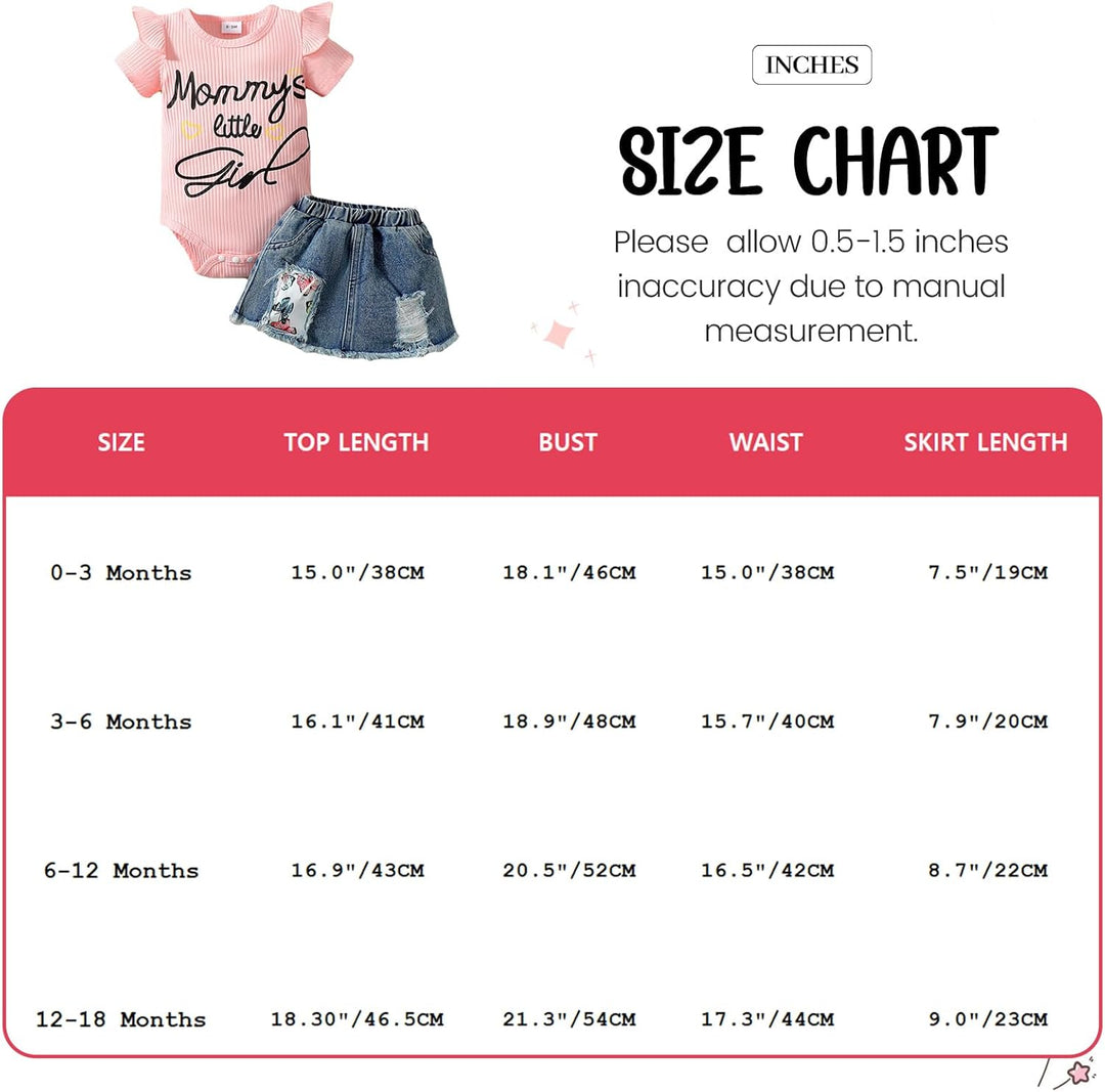 Vestiti Set per Neonata Manica Corta/Lunga Stampa a Lettere Tutina a Coste +Gonna in Denim Abbigliam