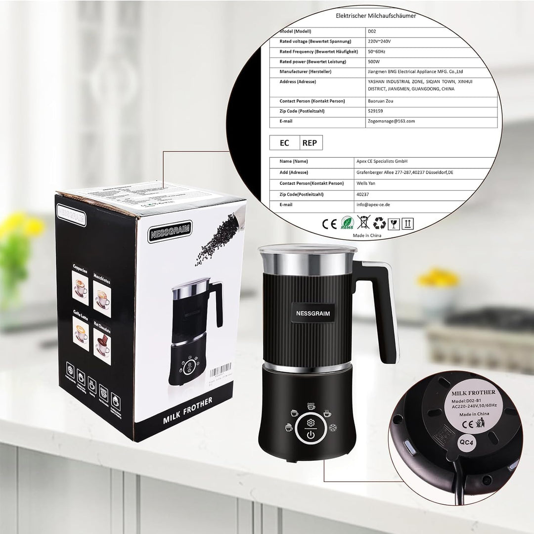 Milchaufschäumer Elektrisch 5-in-1, Milchschäumer Spülmaschinenfest mit Kakao Funktion für heisser S