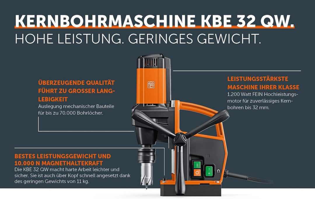 FEIN Kleine und extrem leichtgewichtige 1-Gang Endurance-Magnet-Kernbohrmaschine KBE 32 QW bis 32 mm