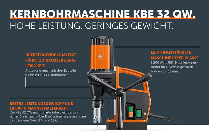 FEIN Kleine und extrem leichtgewichtige 1-Gang Endurance-Magnet-Kernbohrmaschine KBE 32 QW bis 32 mm