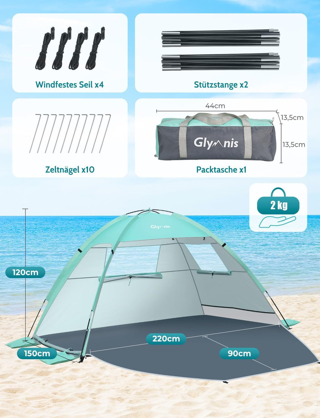Glymnis Strandmuschel Strandzelt Strand Zelt mit 2 Reissverschlusstür UV-Schutz UPF50+ Windschutz kl