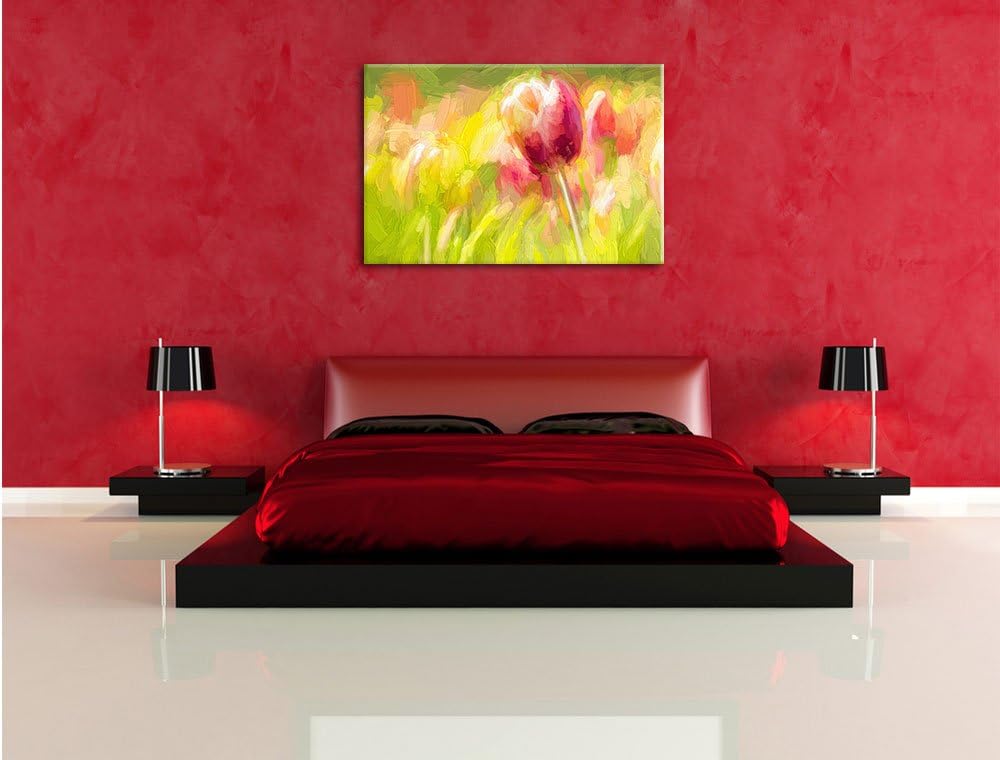Pixxprint Blühende rote Tulpen Kunst als Leinwandbild/Grösse: 100x70 cm/Wandbild/Kunstdruck/fertig b