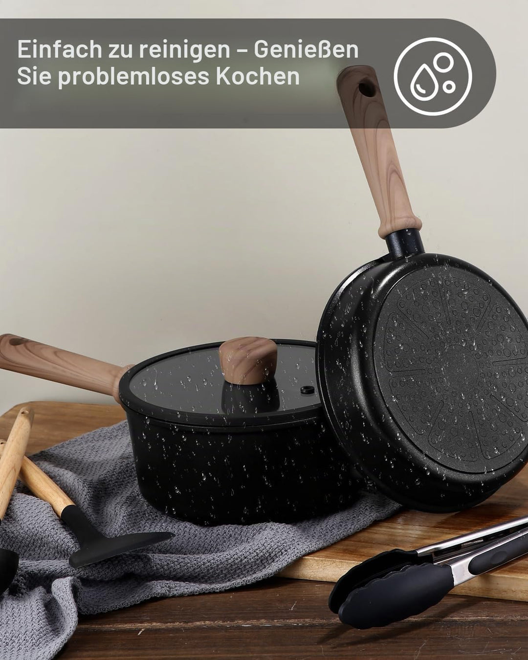 17-Teilig topfset, Kochgeschirr-Set, Antihaft keramikpfanne mit 2 Abnehmbaren Griffen/ 4 Küchenhelfe