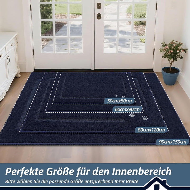 BEQHAUSE Schmutzfangmatte, rutschfest, Schmutzfangend, Marineblau, 90x150cm | Waschbar Eingang Fussm