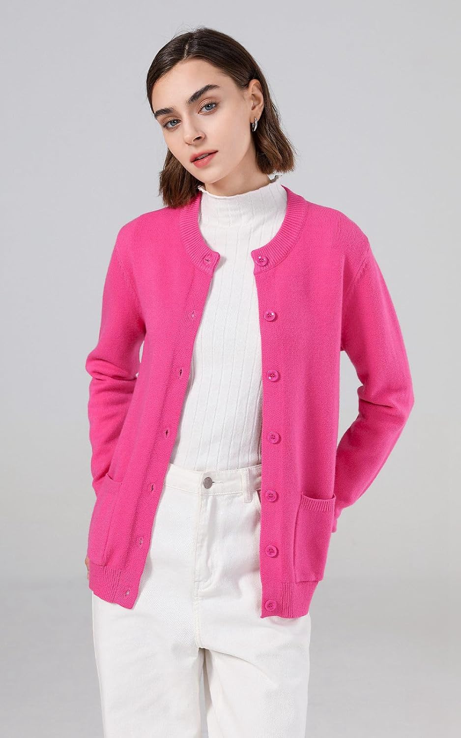 SMILING PINKER Damen Strickjacke Langarm Cardigan Warm Rundhals Strickweste Jacke mit Knopfleiste un