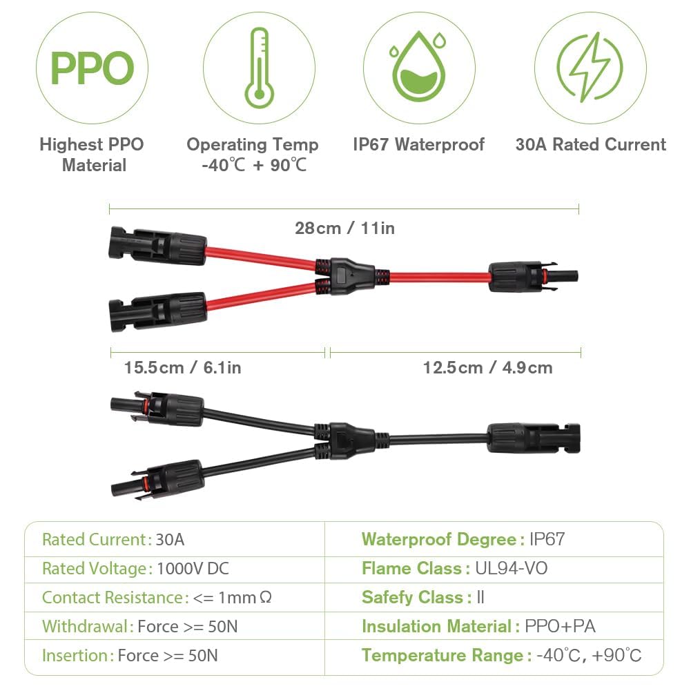 URAQT Solarkabel Y Verteiler, 6 mm² Solarkabel Y2 Solar Cable Wasserdicht Y Splitter 10AWG Plug & Pl