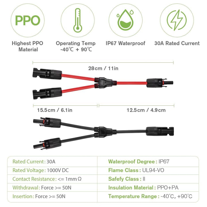 URAQT Solarkabel Y Verteiler, 6 mm² Solarkabel Y2 Solar Cable Wasserdicht Y Splitter 10AWG Plug & Pl