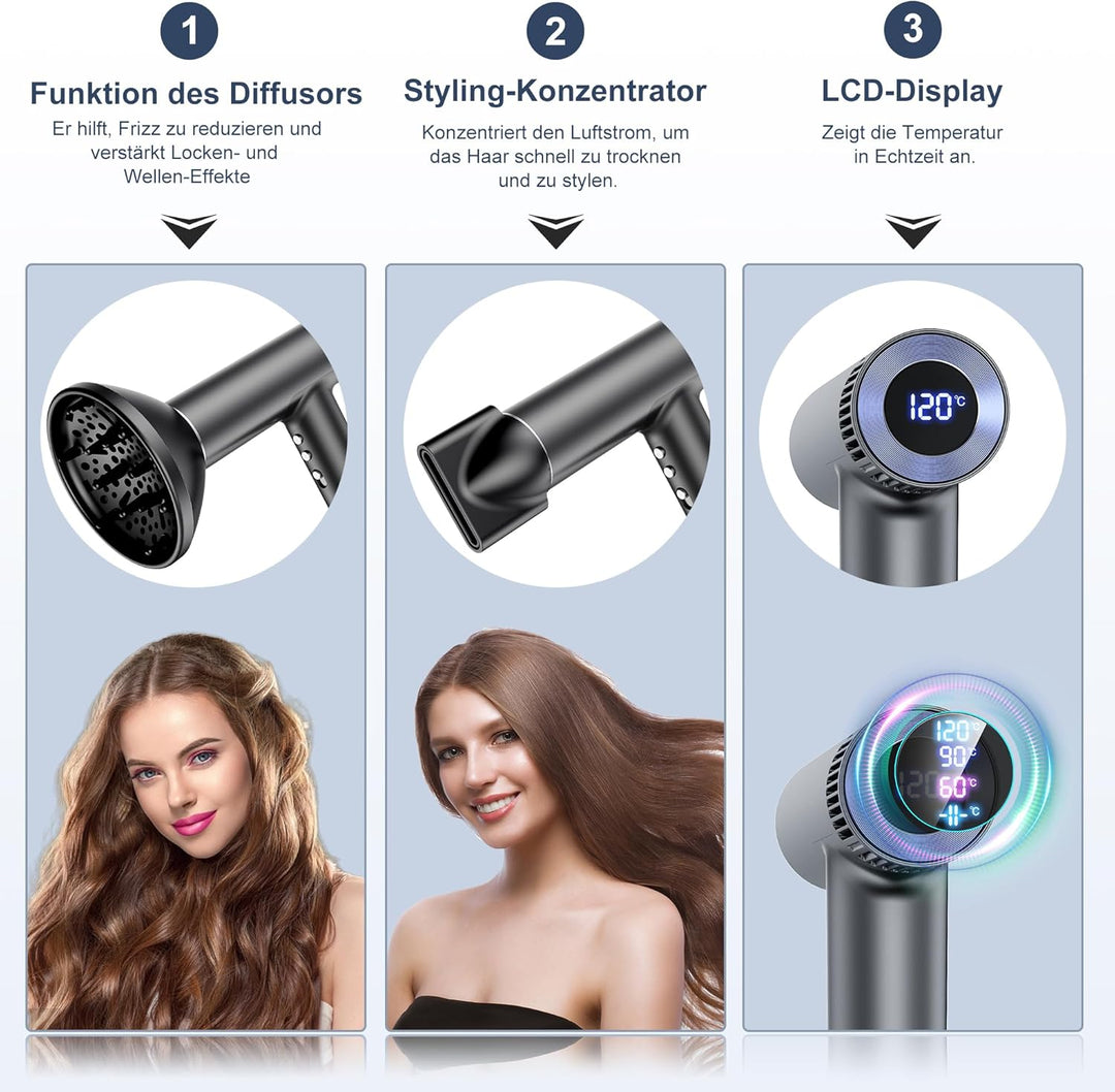 OYLCDI Haartrockner mit bürstenloser Motor Föhn|Fön mit Diffusor,Stylingdüse|300 Mio.Negative Ionen|
