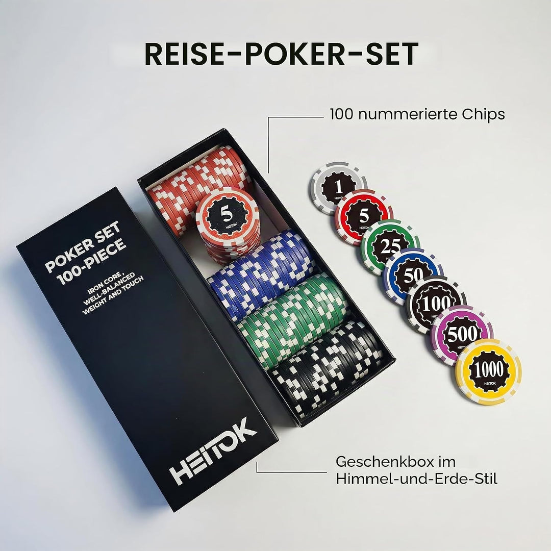 Poker-Set mit Wertigkeiten, 100 Stück 11,5-Gramm nummerierte Chips in Kartonverpackung von $1 bis $5