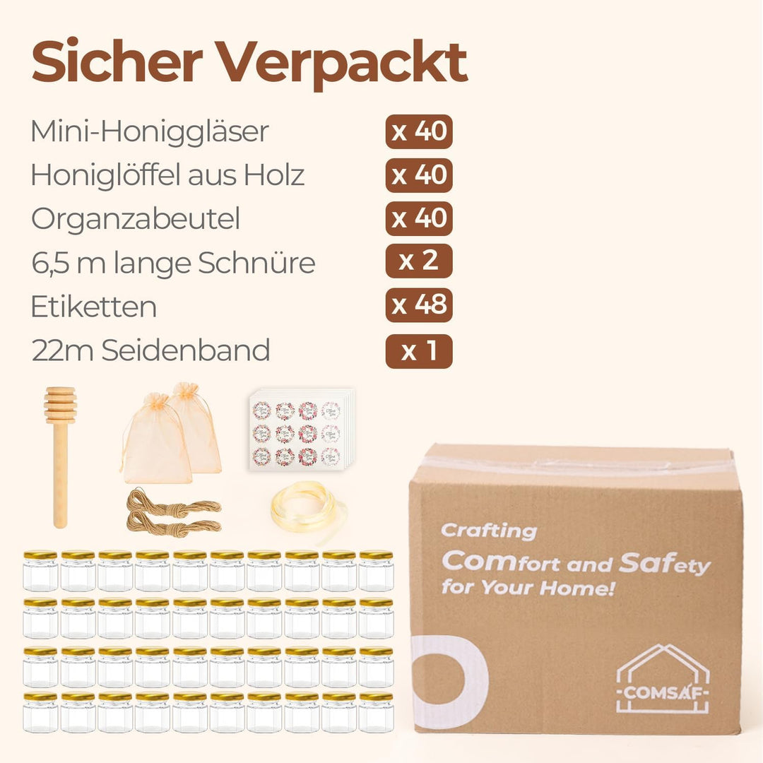 ComSaf 40 Pack 45ml Mini Glas Honiggläser für Honig, Marmeladengläser, kleine gläser mit deckel, Hon