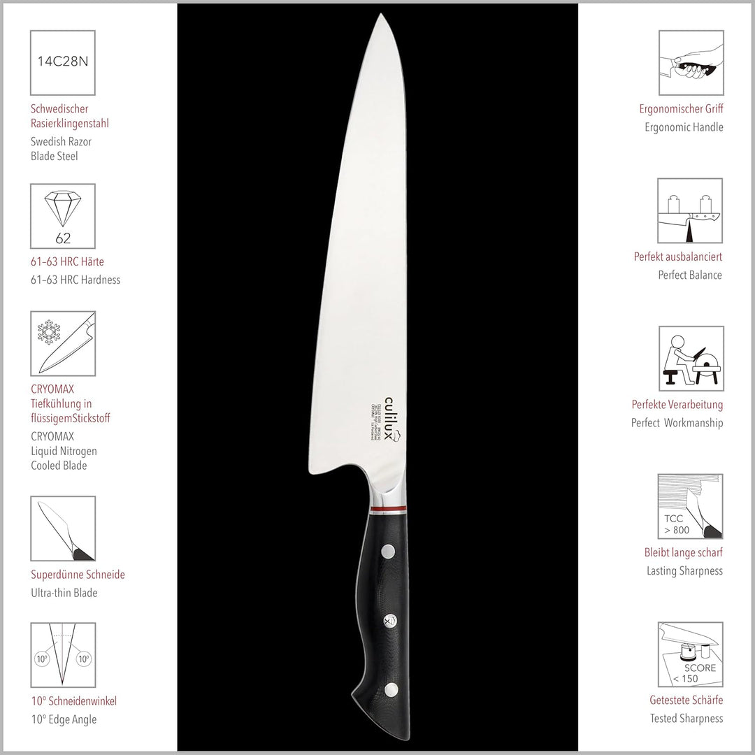 culilux® Kobe N63 Kochmesser 24 cm extrem scharfes Profi Küchenmesser aus schwedischem 14C28N Edelst