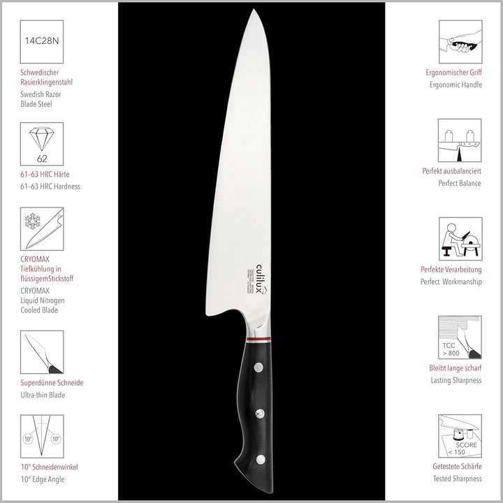 culilux® Kobe N63 Kochmesser 24 cm extrem scharfes Profi Küchenmesser aus schwedischem 14C28N Edelst