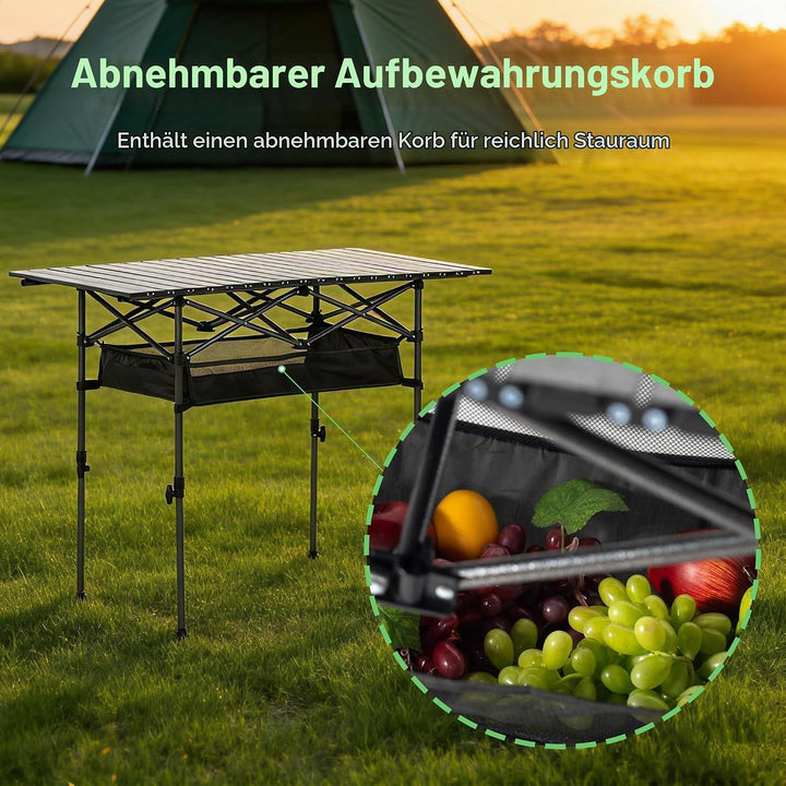 Campingtisch Klappbar 120 x 55cm, Klapptisch Höhenverstellbar(50/80cm), Tischplatte Aufrollbar, Trag