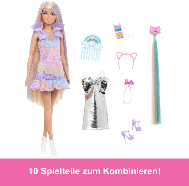 Barbie Fun & Fancy Puppe mit Accessoires, Modepuppe mit extra langem blondem Haar und 2 Looks, inklu