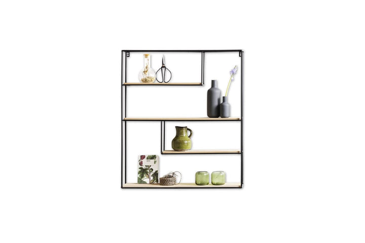 LIFA LIVING Wandregal aus MDF Holz & schwarzem Metall mit 4 Böden, Vintage Schweberegal im Naturstil