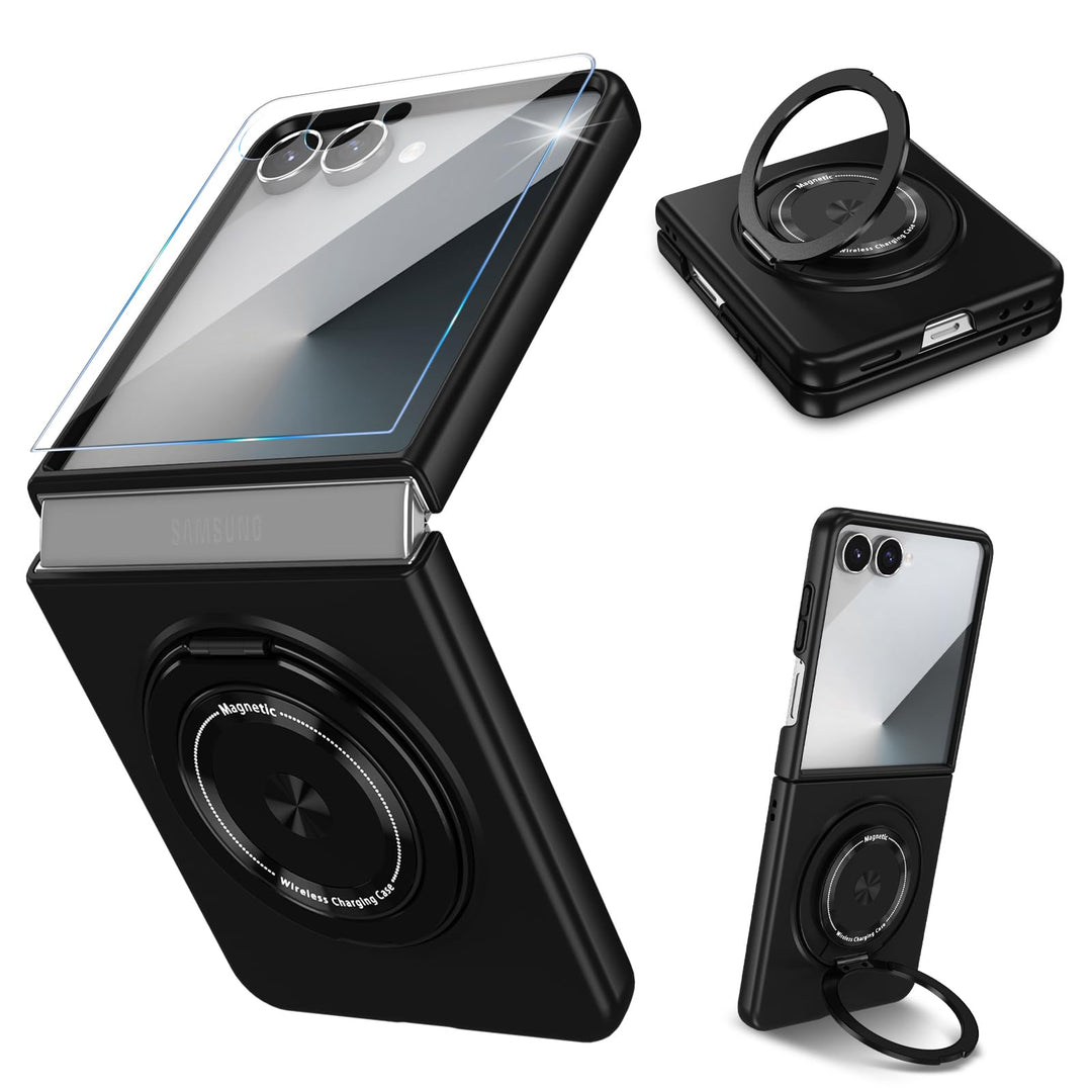 Handyhülle für Samsung Galaxy Z Flip 7 Hülle mit Schutzfolie, 360 Grad Magnetisch Metall Ring Stände