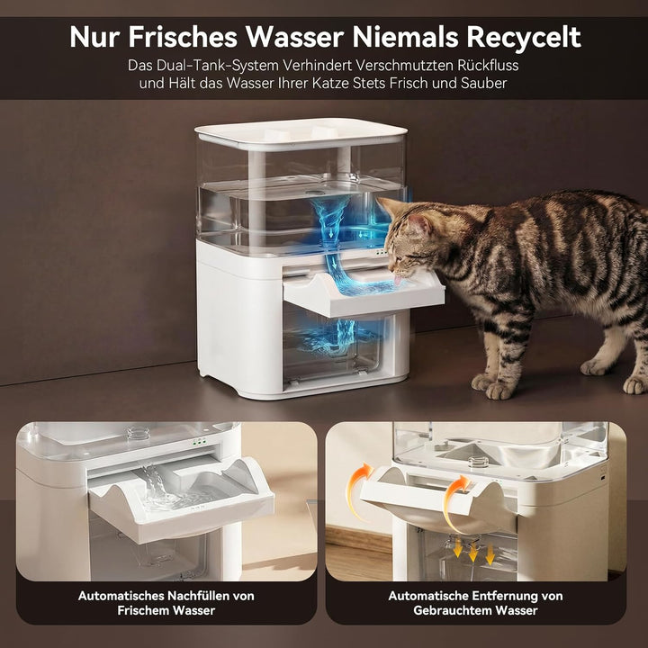 Katzenbrunnen mit Abwasserseparation &amp; ohne Filterwatte, Haustierwasserautomat mit 4000mAh &amp; 4L Gros