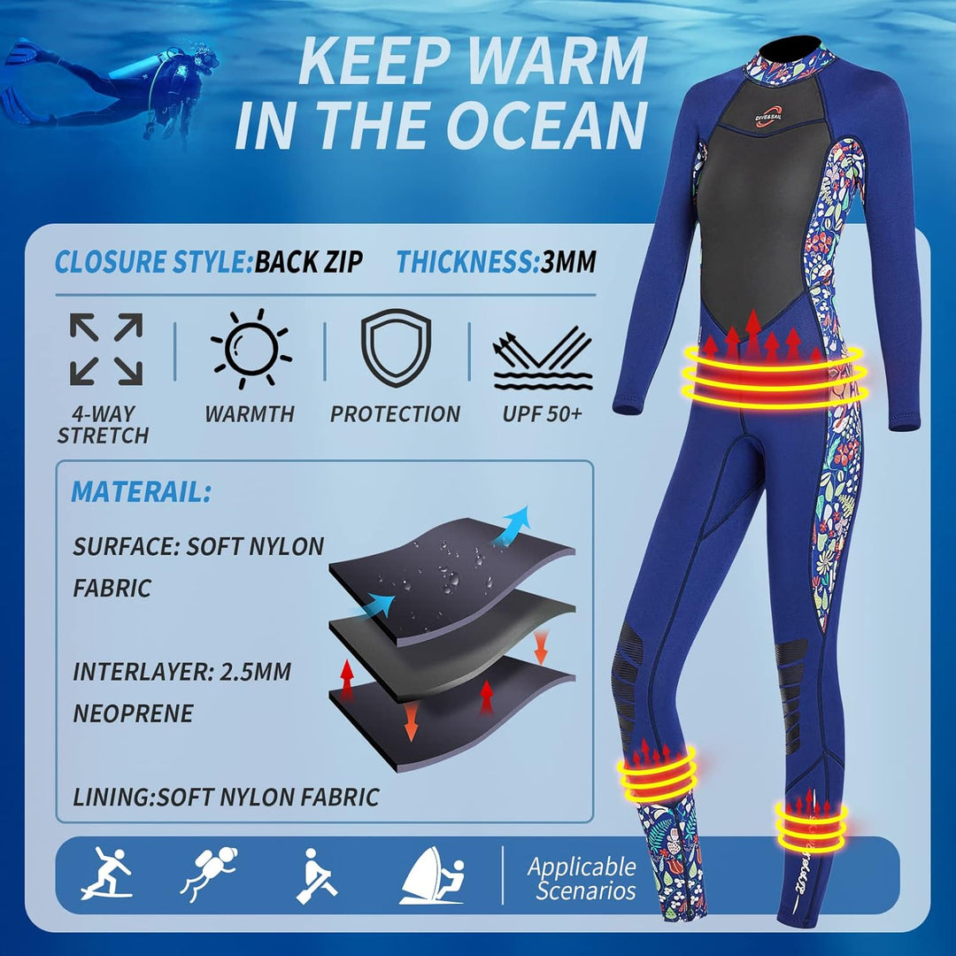 Neoprenanzug Damen 3MM Lang Neopren Reissverschluss Tauchanzug Warm Thermo Halten Ultra Stretch Schw
