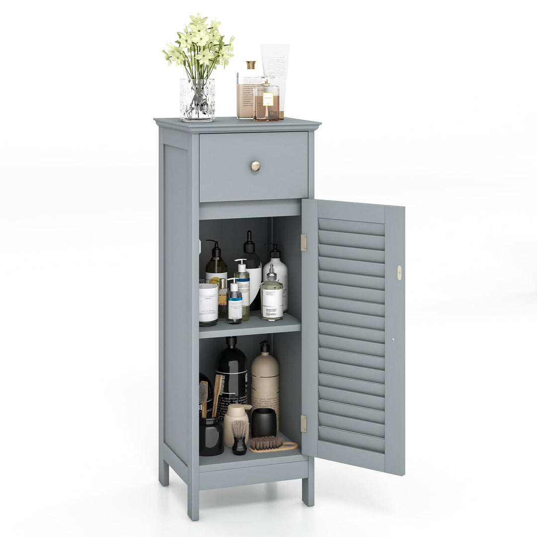 GOPLUS Badzimmerschrank mit Schublade, Badschrank schmal mit Lamellentür &amp; verstellbarem Regal, Aufb