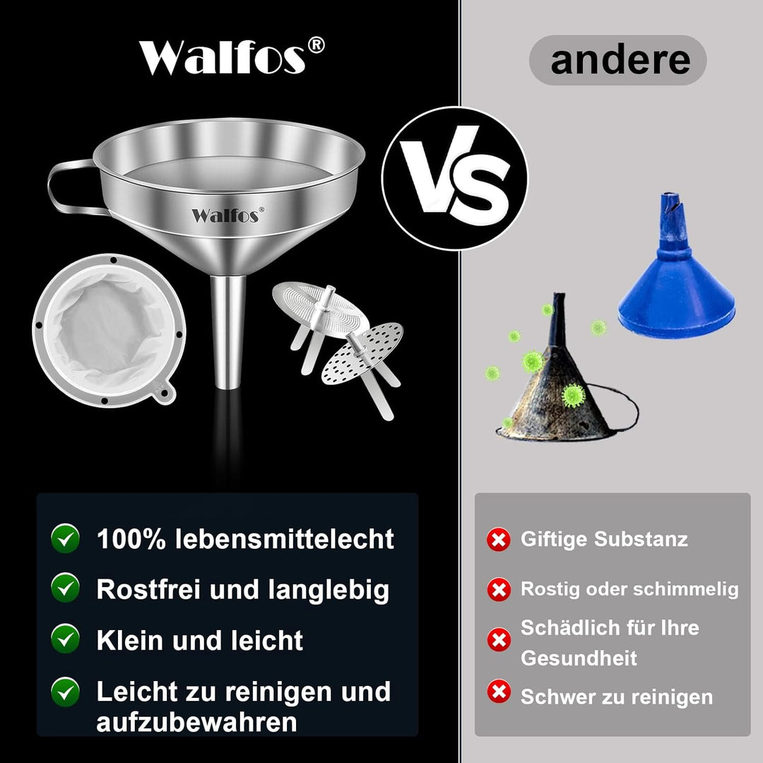 Walfos Trichter edelstahl, mit 2 abnehmbaren Sieben ＆ 1 Stück Reinigungsbürste, 200 Mesh Lebensmitte