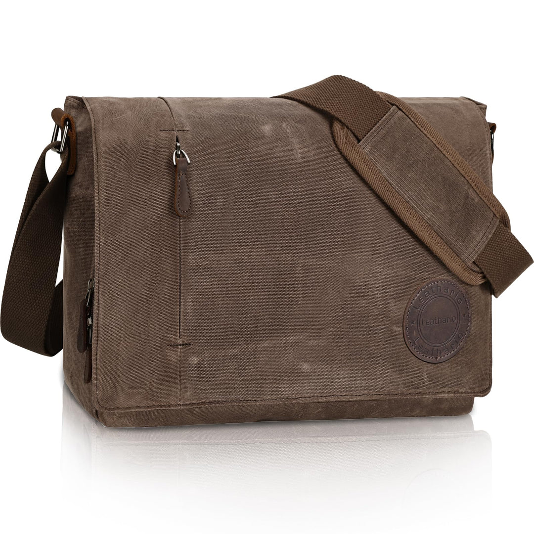 Leathario Umhängetasche Herren 13 Zoll, Messenger Bag aus Echtleder und Geöltem Segeltuch, Arbeitsta