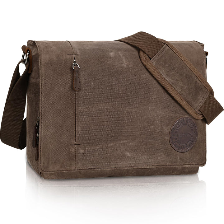 Leathario Umhängetasche Herren 13 Zoll, Messenger Bag aus Echtleder und Geöltem Segeltuch, Arbeitsta