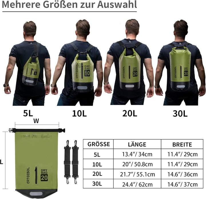 Dry Bag wasserdichte Tasche 5L/10L/20L/30L Wasserfester Beutel Packsack mit Langen Doppeltem Verstel