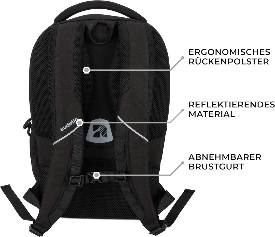 Audetic Schulrucksack Mädchen & Jungen Teenager Schwarz - AERO - Ergonomischer Rucksack mit vielen F
