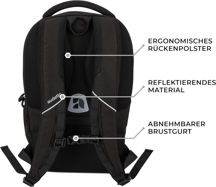Audetic Schulrucksack Mädchen & Jungen Teenager Schwarz - AERO - Ergonomischer Rucksack mit vielen F