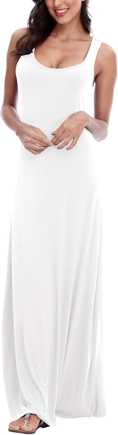 EXCHIC Damen Sommer Leichte Ärmellos Strand Maxi Kleid Elegant Elastisch Tunika Lang Kleider M Weiss