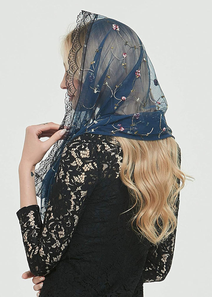 Orthodoxer Schleier Kopfbedeckung mit bestickten Blumen Katholische Kapelle Mantilla Schleier V50 Ma