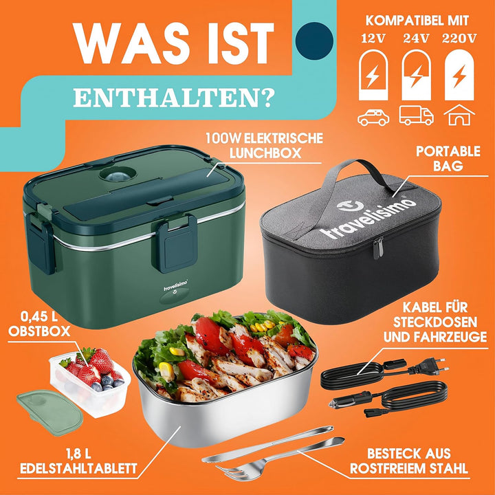 TRAVELISIMO XXL Elektrische Lunchbox Extra gross 1,8L Electric Lunch Box 80W, Heat Box 3-in-1 box zu